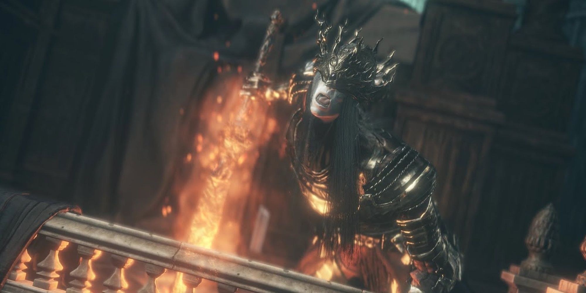 Lorian screaming with his fire sword in Dark Souls 3