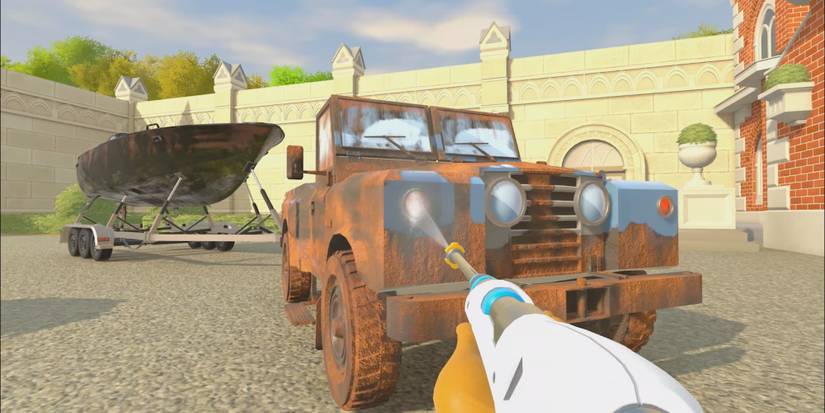 Player cleaning a dirty jeep