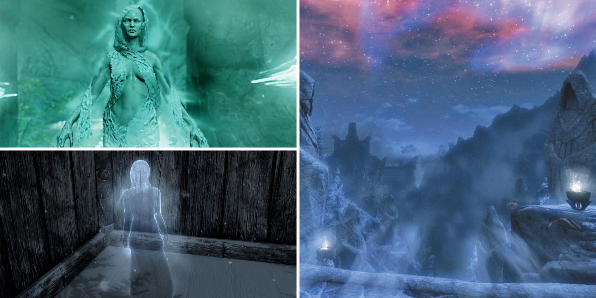 Collage of the strangest side quests in Skyrim (The Pale Lady, Laid to Rest, Sovngarde)