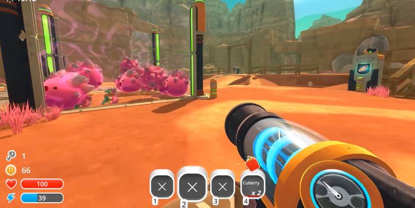 The player is aiming at his pink slimes