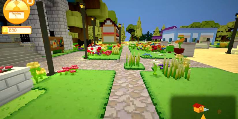 A city square built in the game, with buildings and flowers all around