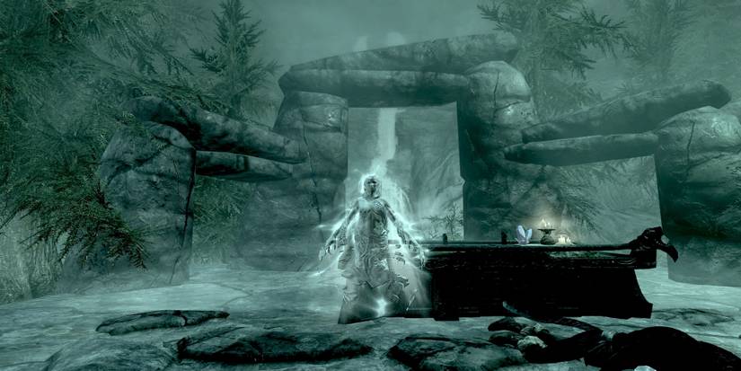 The Pale Lady standing near an altar (Skyrim)
