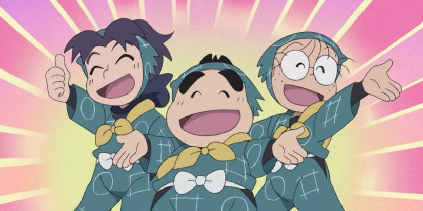 Trois filles de Nintama Rantaro posant en jubilation 