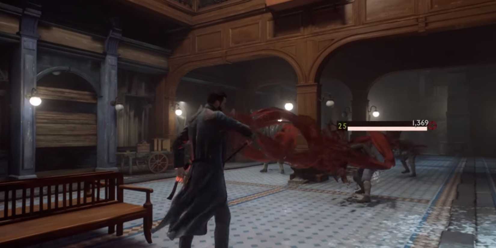 The main character of Vampyr uses a steam of blood in a room with a boarded up arch to the left