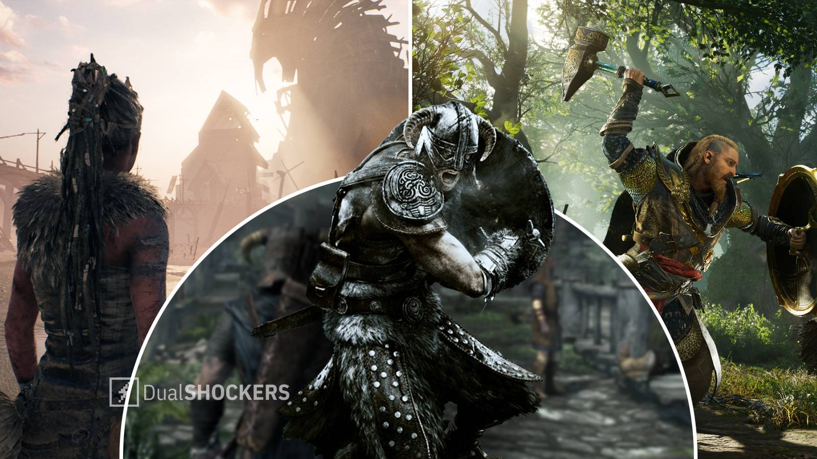 Hellblade Senua's Sacrifice, Elder Scrolls V Skyrim, Assassin's Creed: Valhalla gameplay
