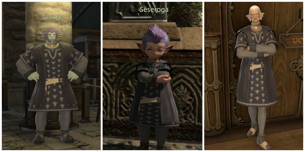 Split image the three relevant NPCs for Winebaud's 4th riddle in Final Fantasy 14 standing before the player