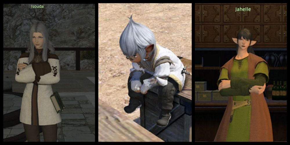 Split image screenshots of the three possible NPCs for Winebaud's second riddle in The Greatest Story Never Told