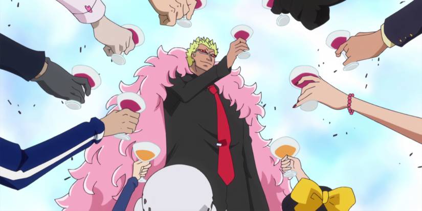 Doflamingo trinquant avec son équipage