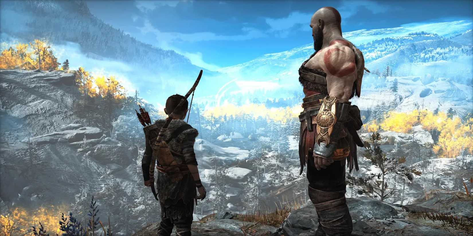 Kratos and Atreus overlooking a cliff (God of War 2018)