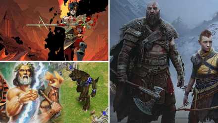 Collage of best games based on Greek mythology (Hades, Age of Mythology, God of War)