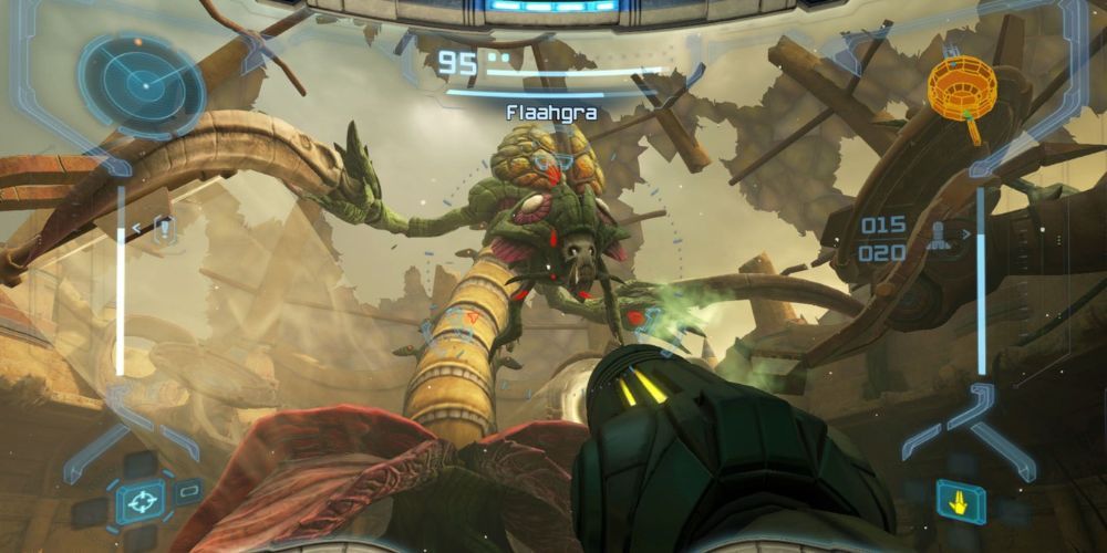 First person view of Samus shooting an enemy alien