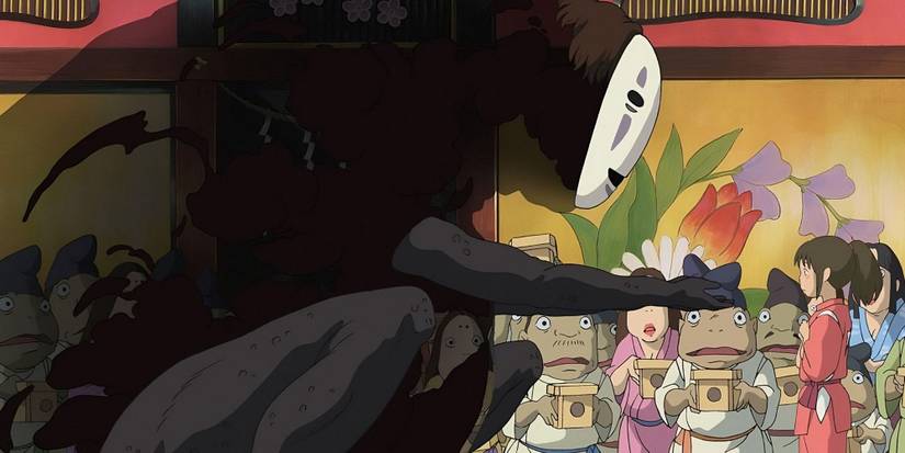 Kaonashi sans visage de Spirited Away tend la main vers Chihiro Ogino dans les bains publics