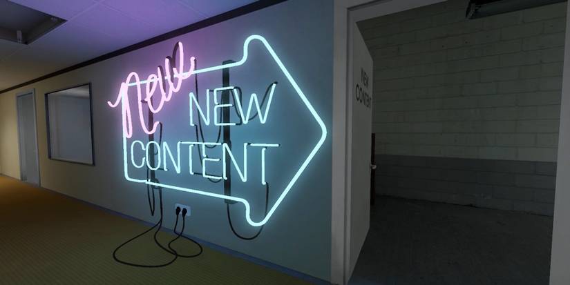 Neon glowing sign that says "New New Content" pointing to a door (The Stanley Parable: Ultra Deluxe)