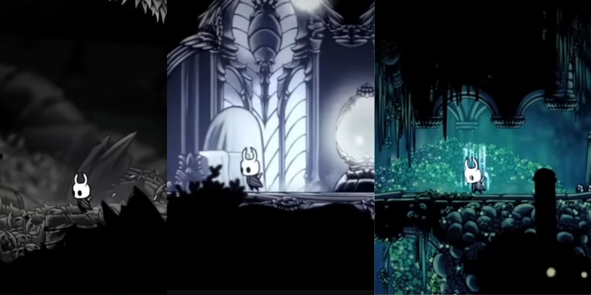The Playable Vessel running through three different locations in the game hollow night.