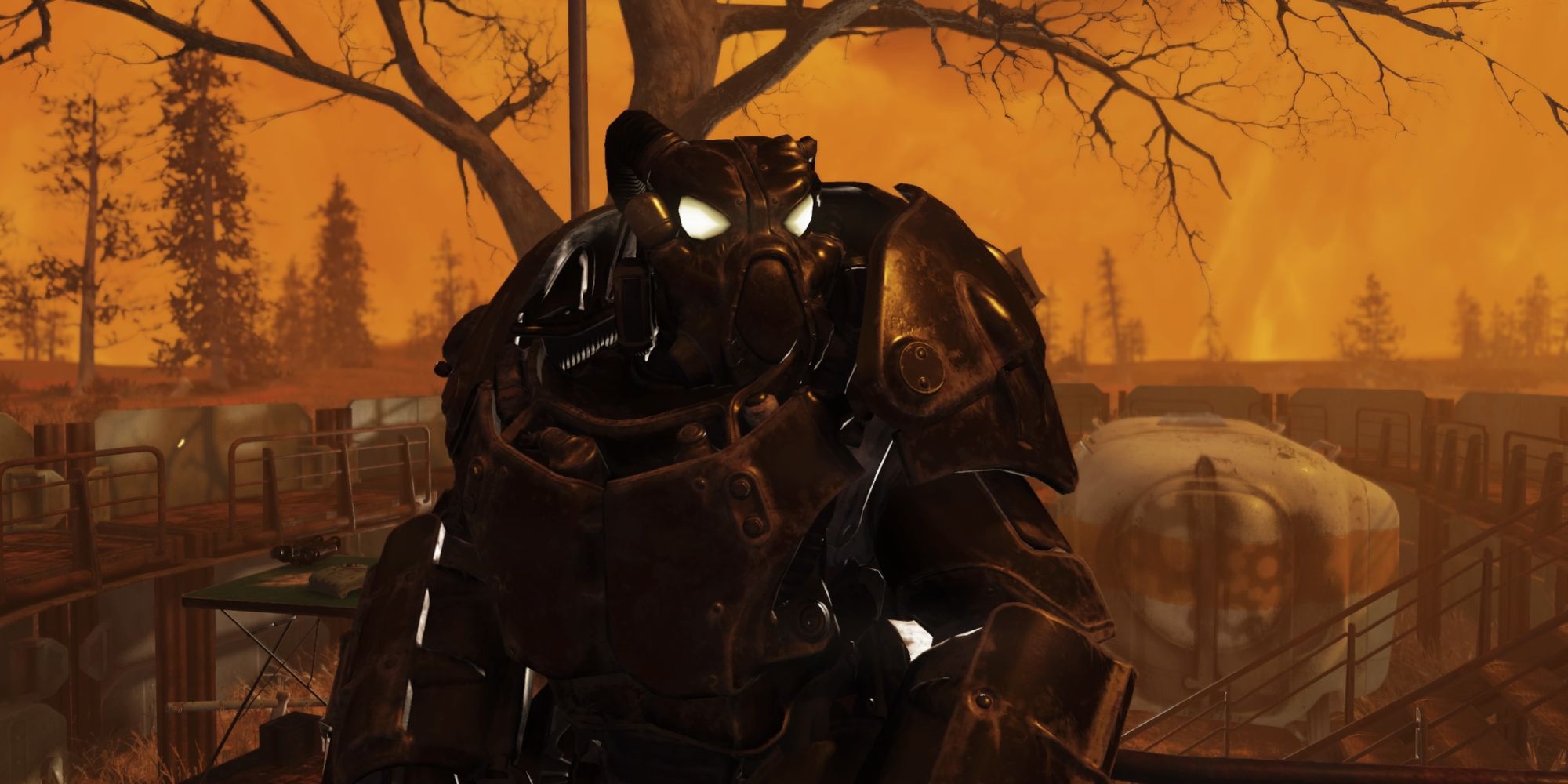 X-01 Power Armor Fallout 76 player in x-01 power armor in orange landscape 