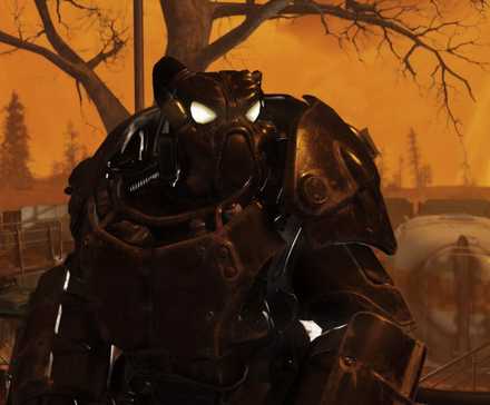 X-01 Power Armor Fallout 76 player in x-01 power armor in orange landscape