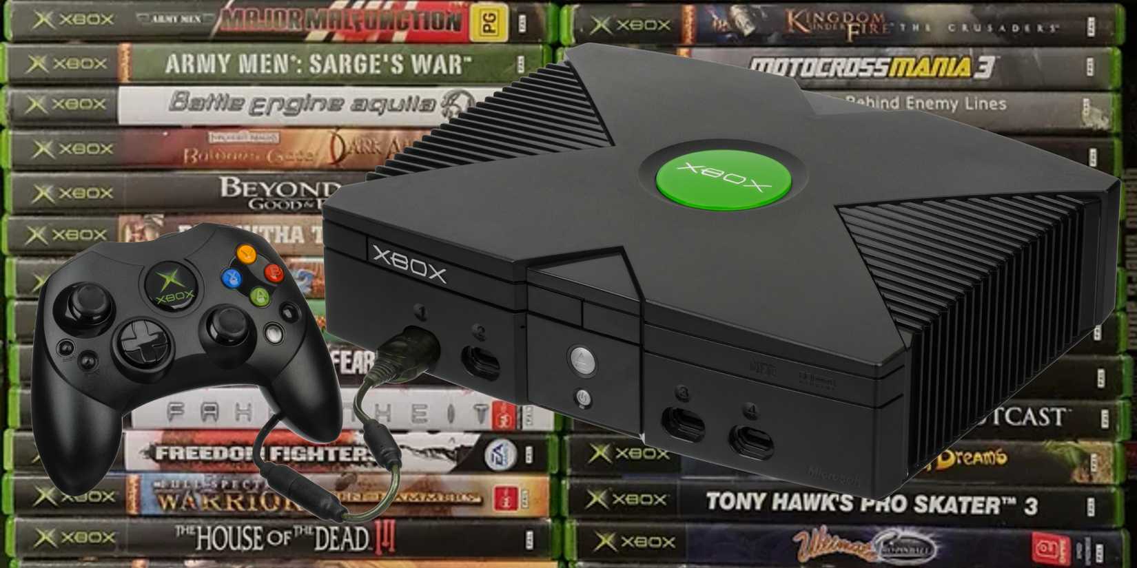 microsoft xbox original console titlecard and games backdrop