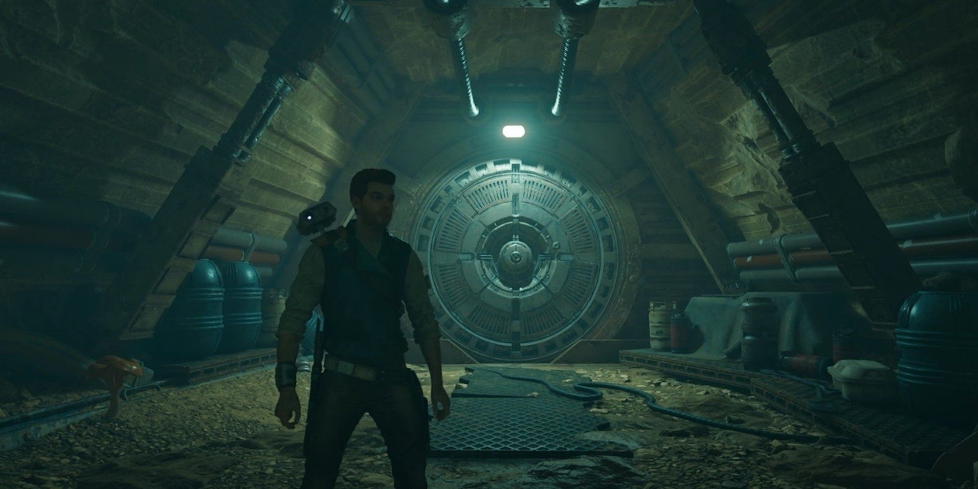 Cal, the main character in Star Wars Jedi: Survivor is standing in the Water Treatment Works area.