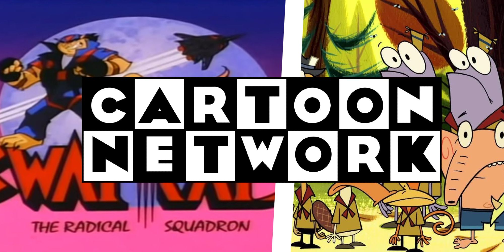 Split image Cartoon Network Logo with two images of shows behind