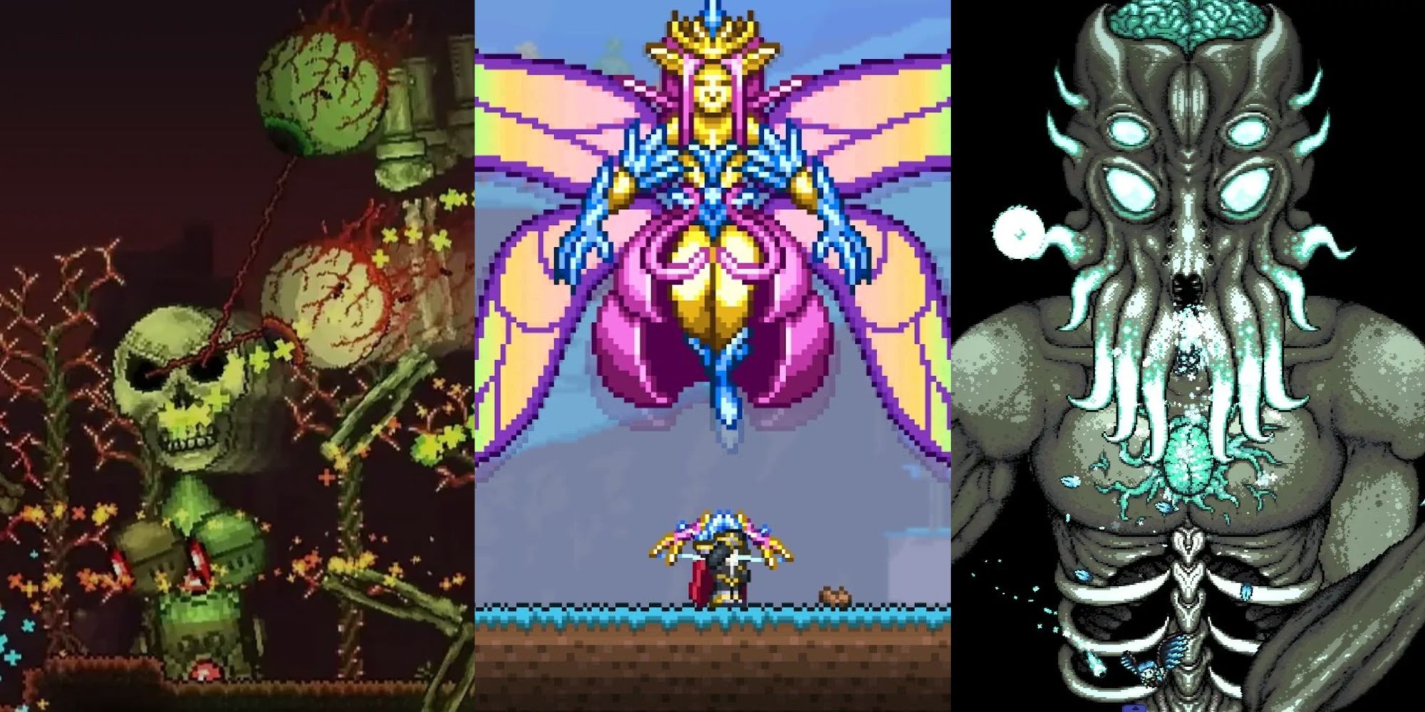 Terraria split image screenshots of Mechdusa, Empress of Light and Moonlord bosses