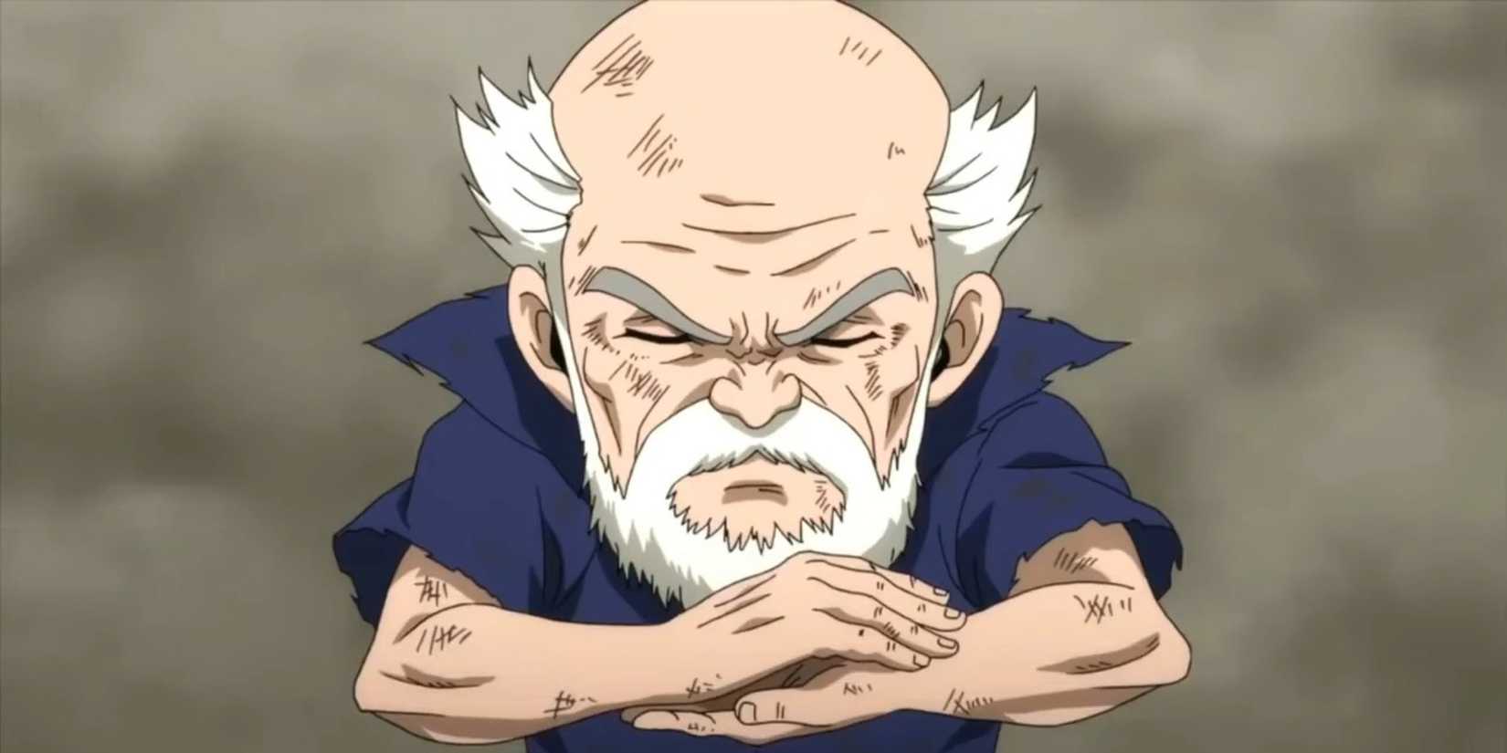 Fairy Tail's Makarov Dreyar puts his palms together and frowns.