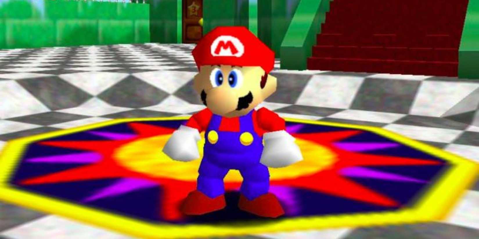 Super Mario 64 Mario stands in castle lobby