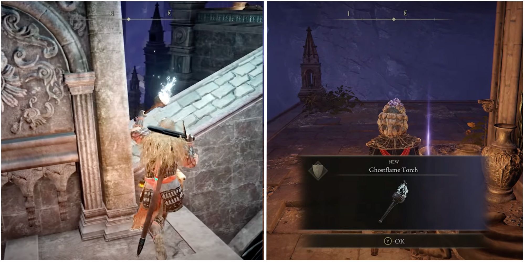 Elden Ring split image character leaping on rooftop and obtaining Ghostflame Torch