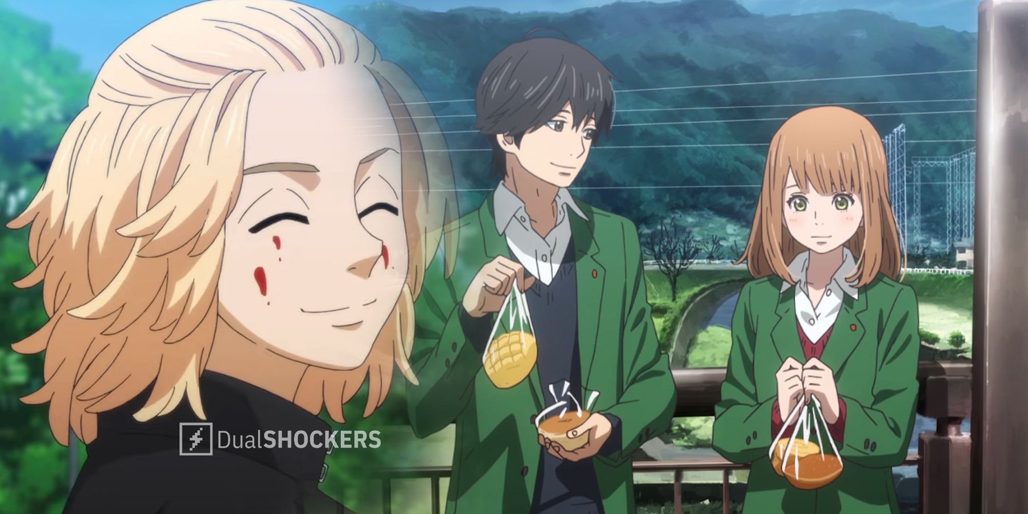 Split image screenshots from Tokyo Revengers and Orange anime
