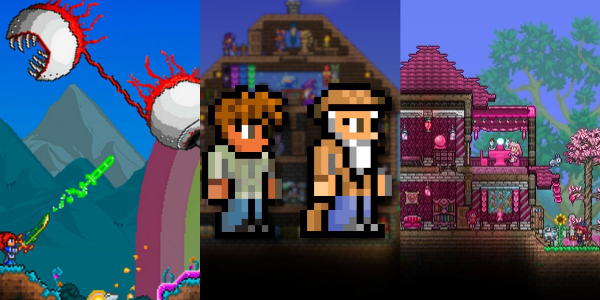 Terraria split image boss battle, two NPC's sprites in front of base and a large base