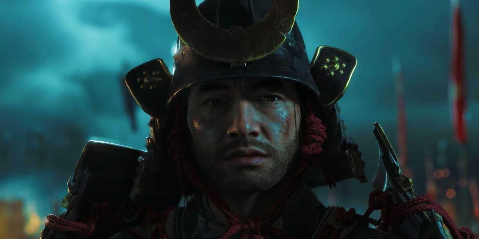 Jin Sakai wearing samurai armor at night during Ghost of Tsushima's Opening