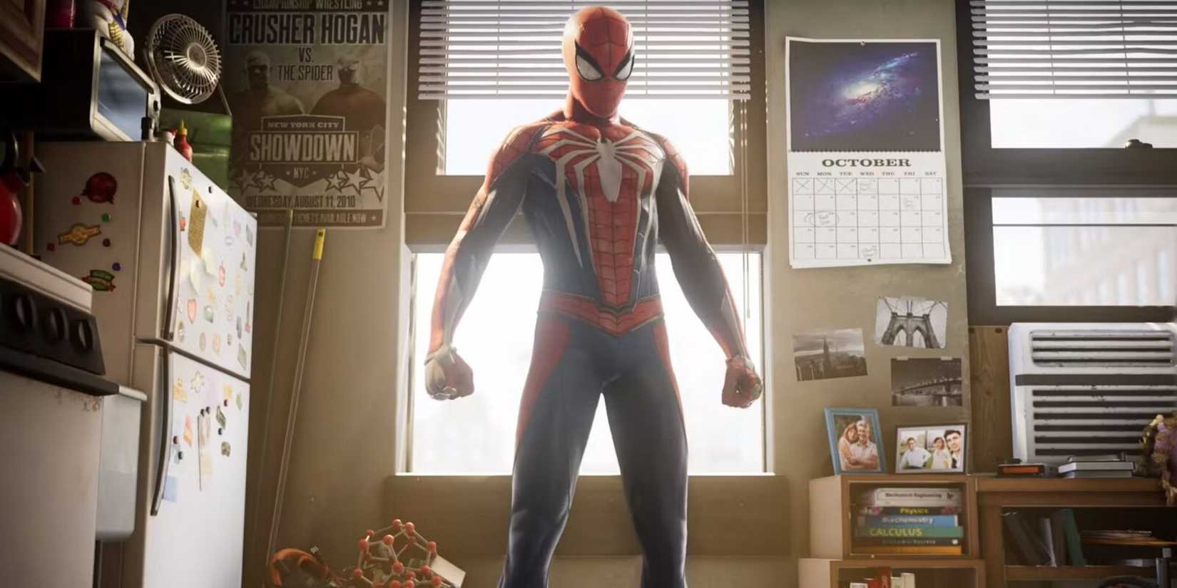 Spider-Man stands in front of an apartment window during the opening of Marvel's Spider-Man Opening