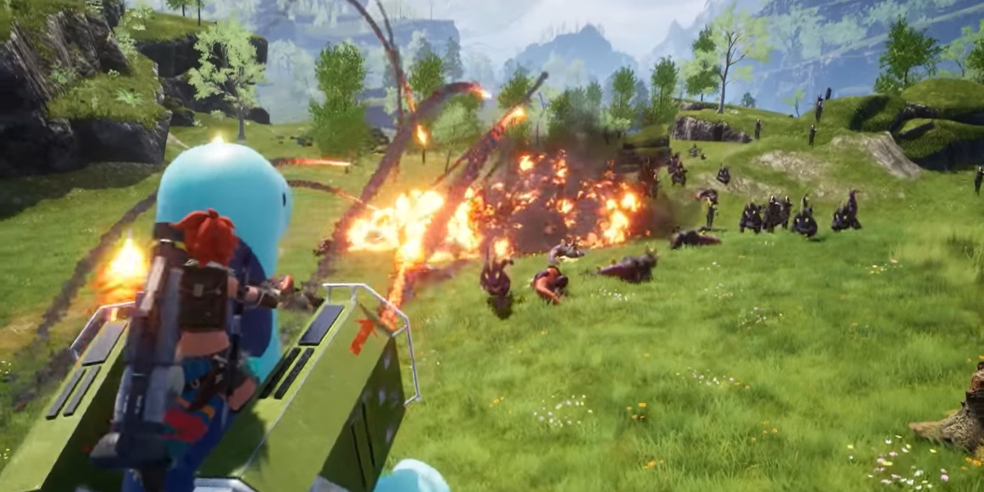 Palworld playing launching rockets from the back of a Loch Ness Monster-like creature