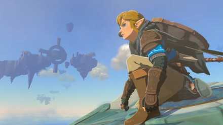 Protagonist Link rides the Zonai Glider around the sky islands in The Legend of Zelda Tears of the Kingdom.