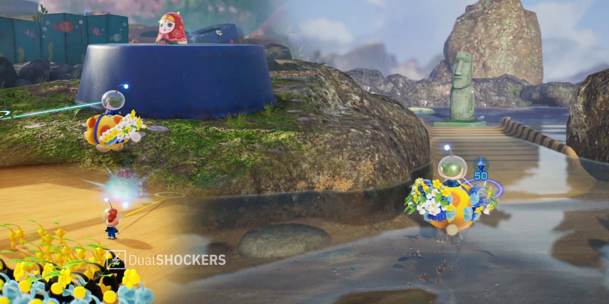 Pikmin 4 stages Blossoming Arcadia, Serene Shores, Hero's Hideaway gameplay