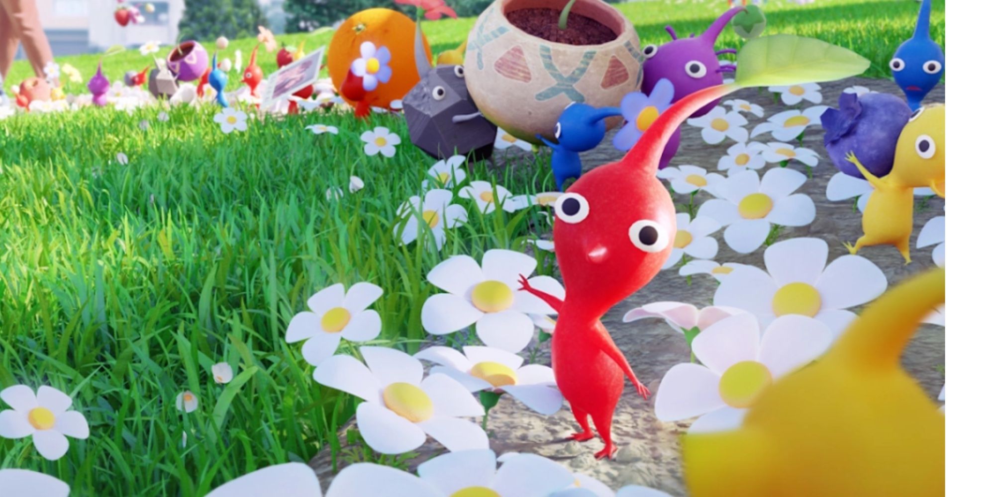 Pikmin Bloom, Red Pikmin waving to the camera while other Pikmin are carrying various objects