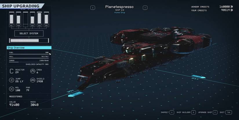 Spaceship upgrading menu in Starfield