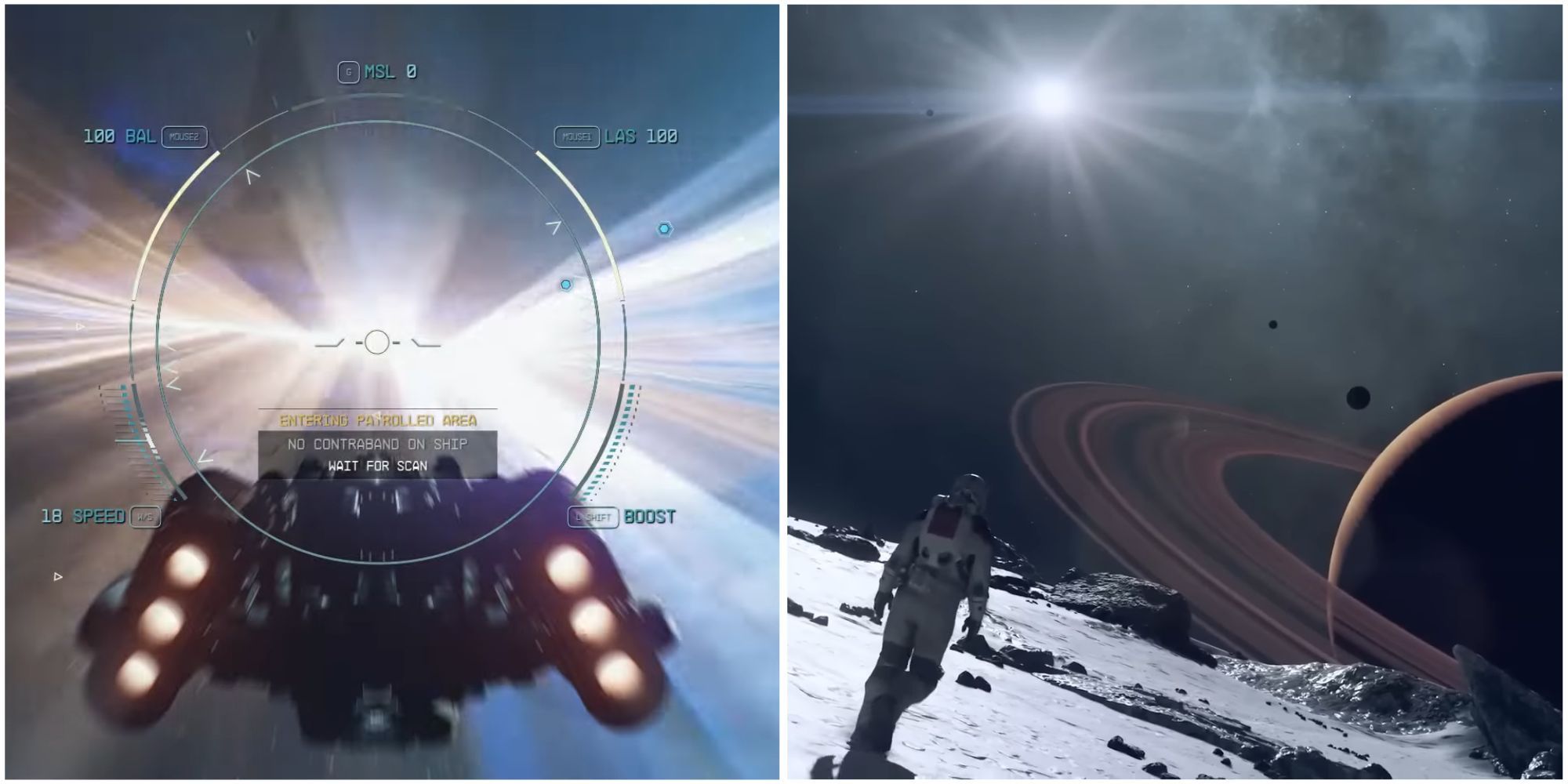 Featured image for Starfield Showing a spaaceship in gravity jump and character walking on a planet.