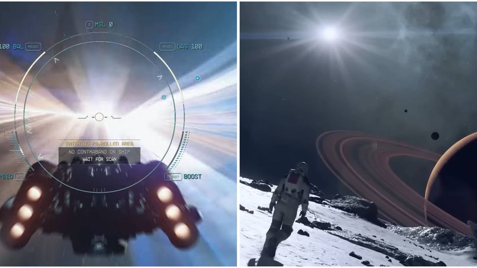 Featured image for Starfield Showing a spaaceship in gravity jump and character walking on a planet.
