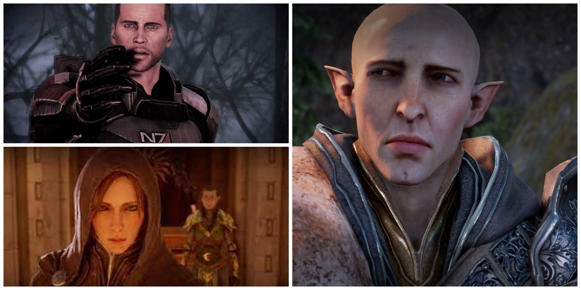 Bioware collage sad Solas, Shepard, and Leliana