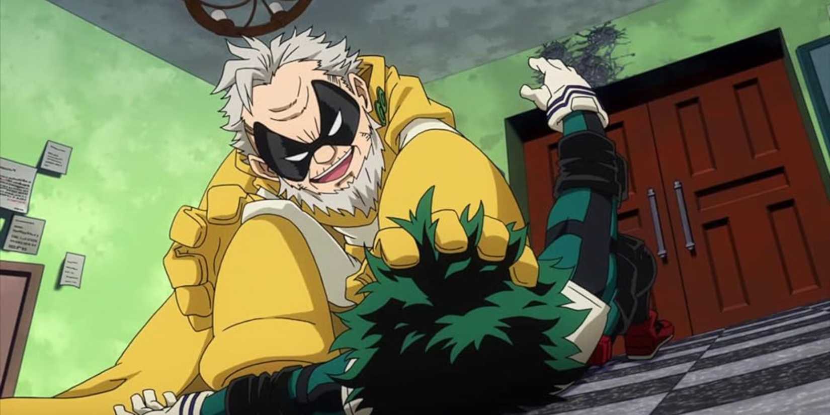 Gran Torino pins Midoriya to the ground.