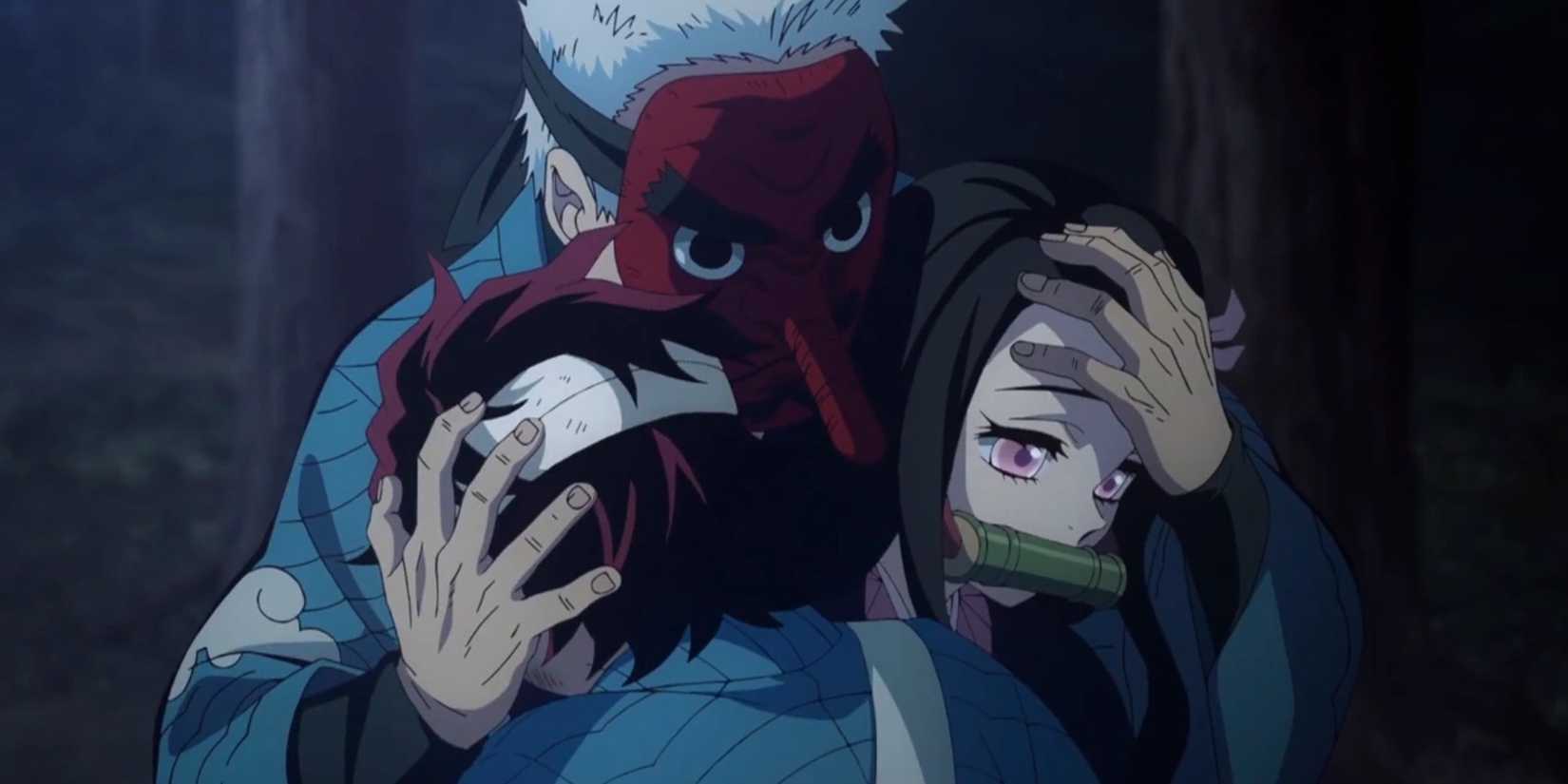 Urokodaki Sakonji hugging Tanjiro and Nezuko