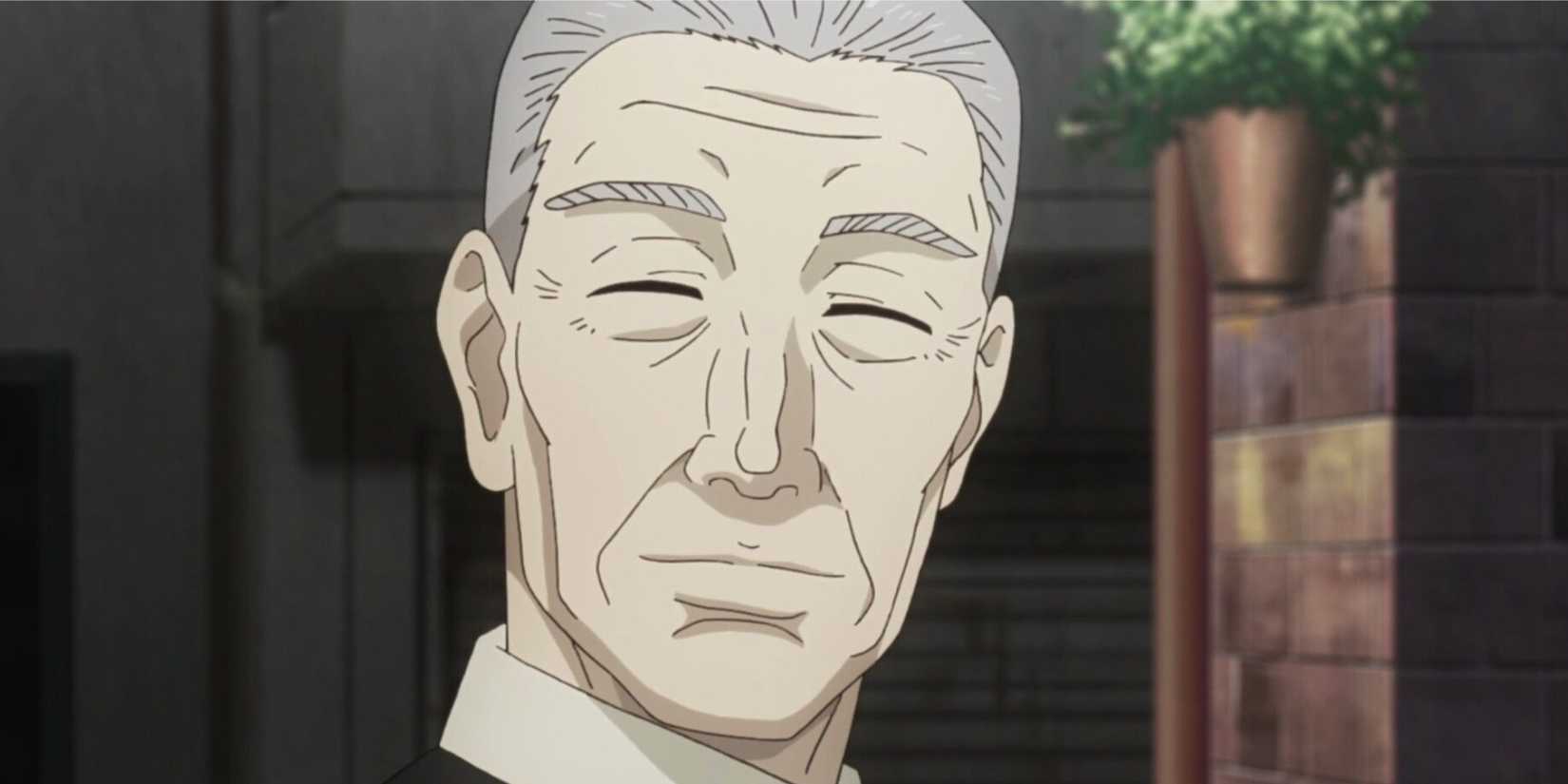 Mr. Yoshimura, a white-haired old man who smiles with his eyes closed.