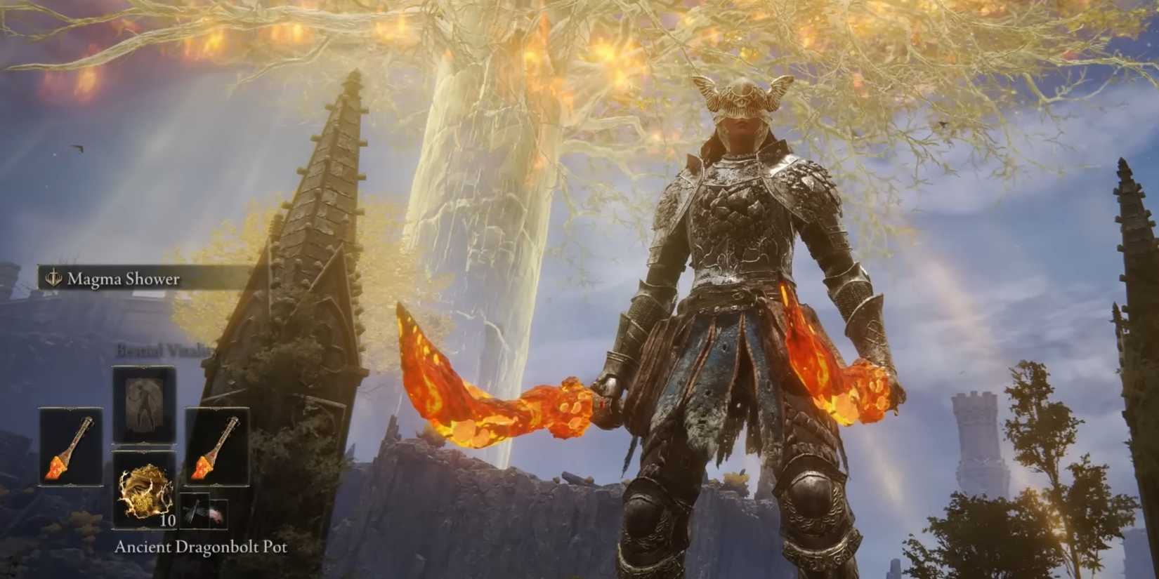 Characters equipped with dual magma blades in Elden Ring