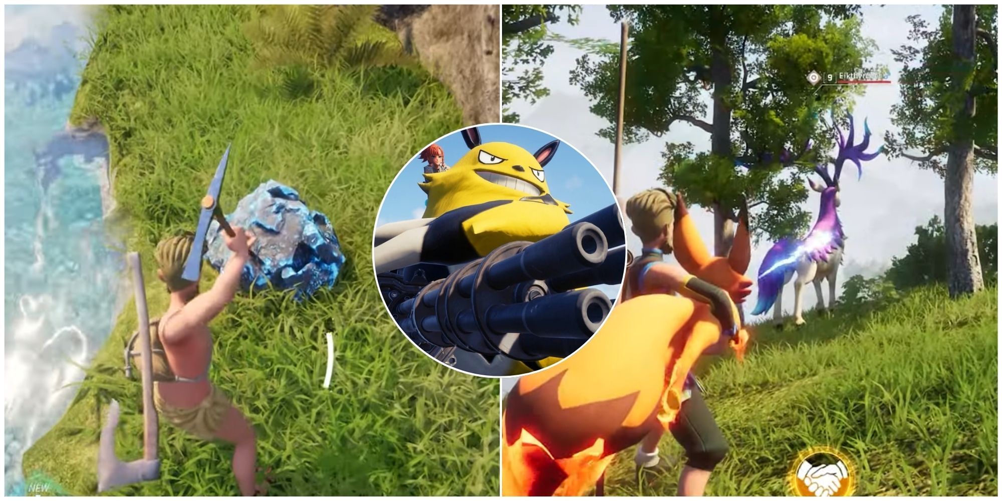Featured image for Palworld with character mining Paldium ore and using a Pal as weapon