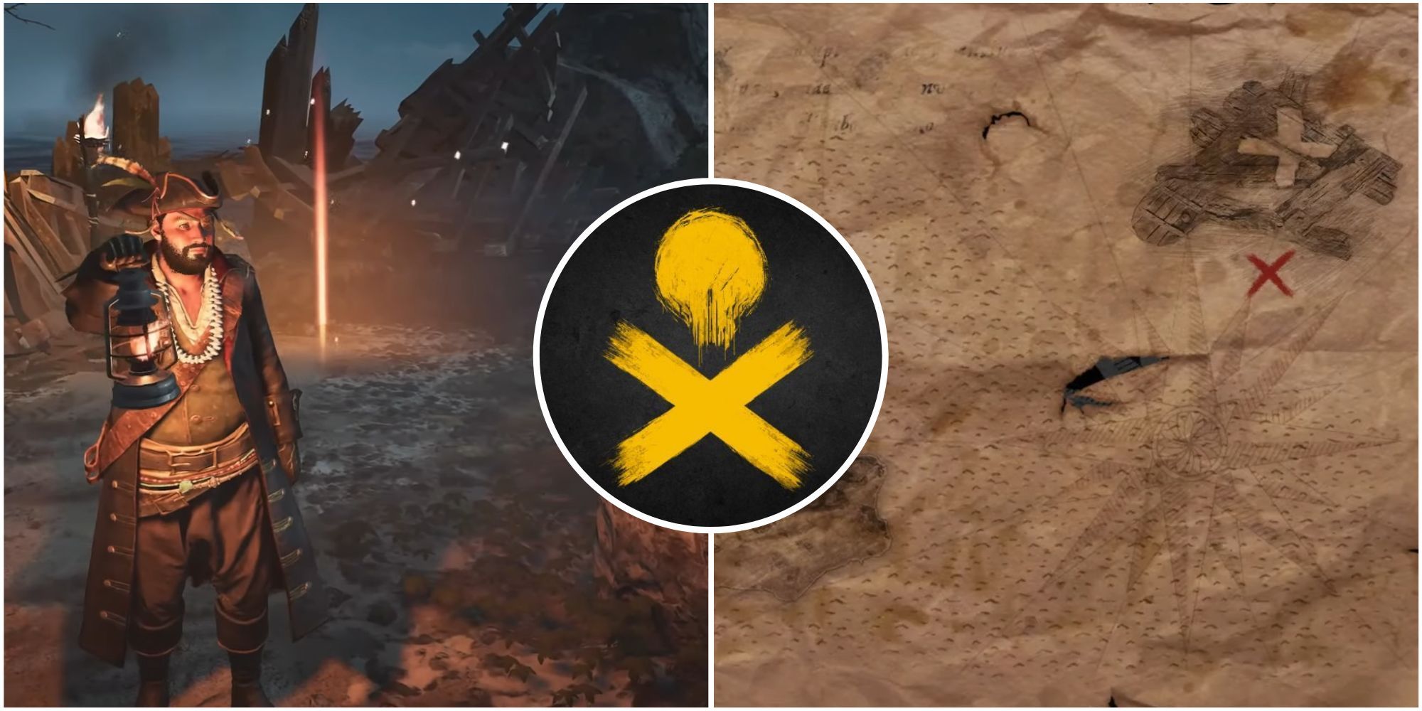 Featured image for skull and bones showcasing the character near a treasure along with a treasure map