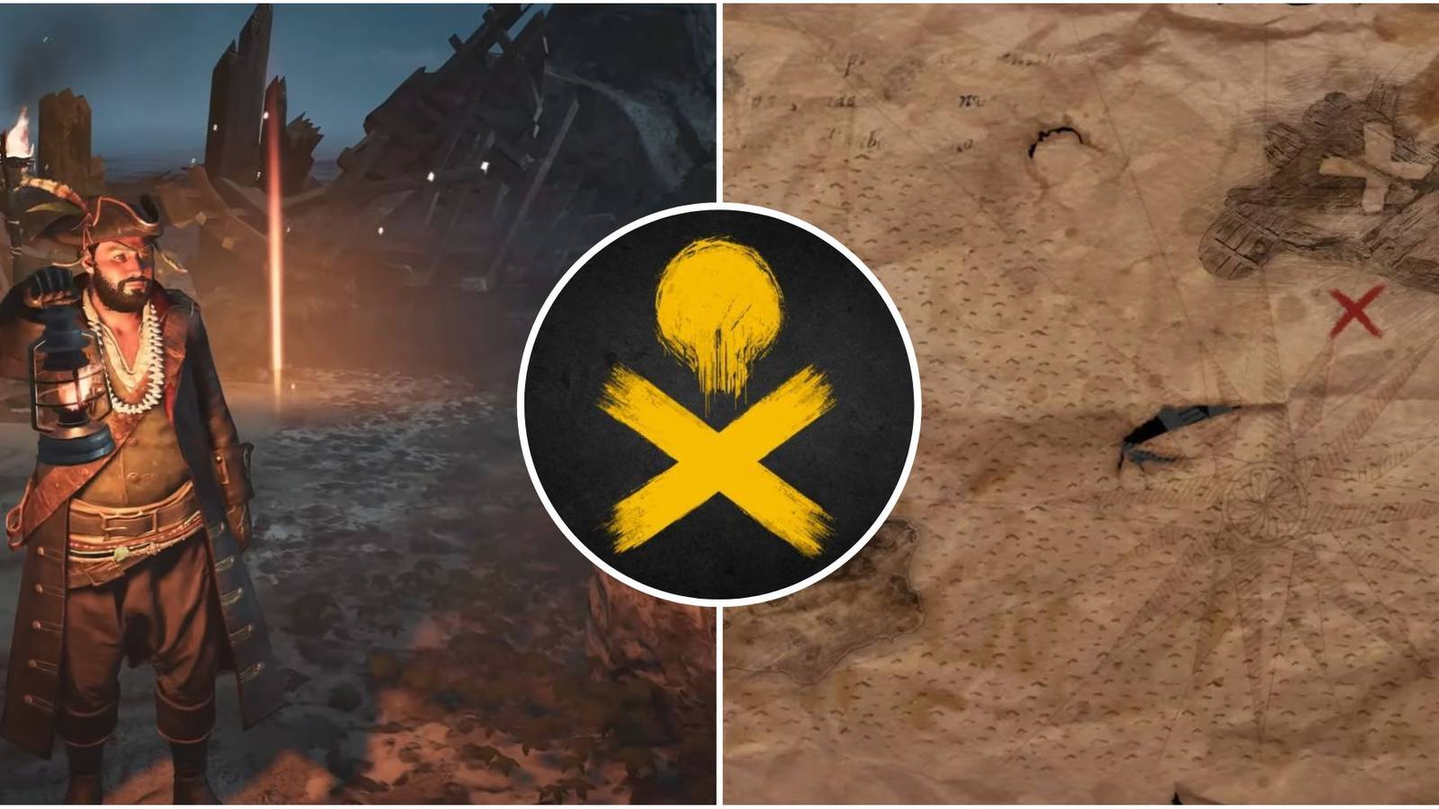 Featured image for skull and bones showcasing the character near a treasure along with a treasure map