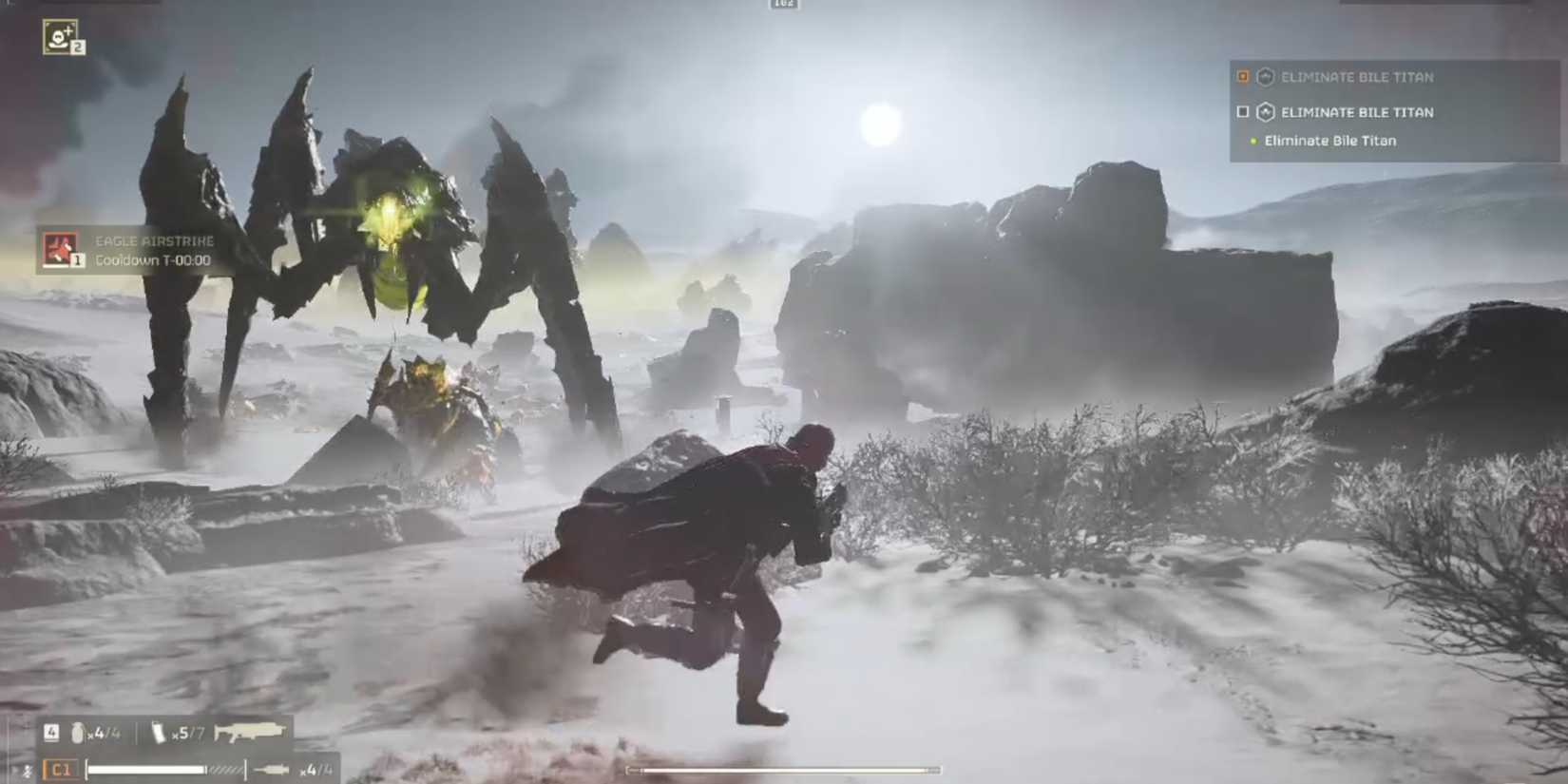 Dodging Bile Titan attacks in Helldivers 2