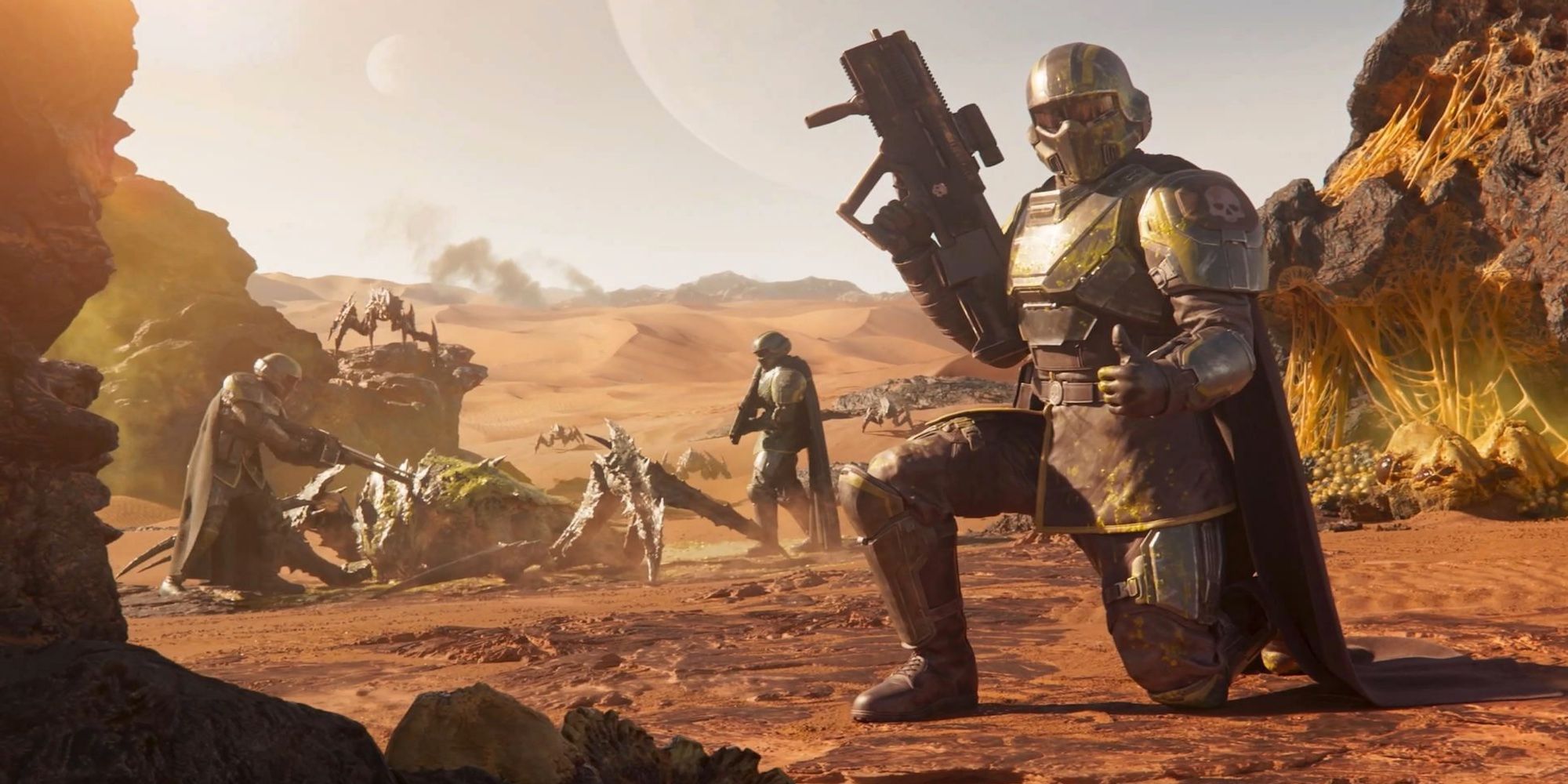 Helldivers 2 - character holding weapon, giving thumbs up