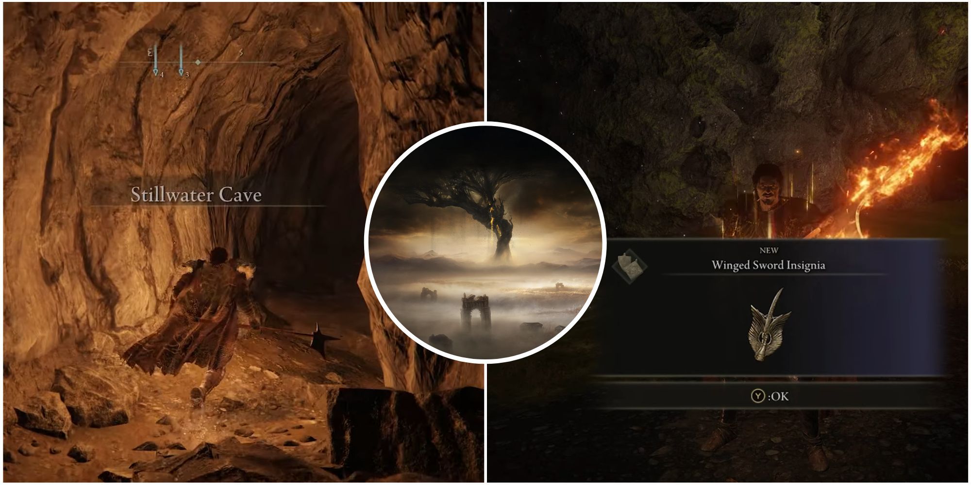 Featured image for Elden Ring showcasing the Stillwater Cave and the Winged Sword Insignia