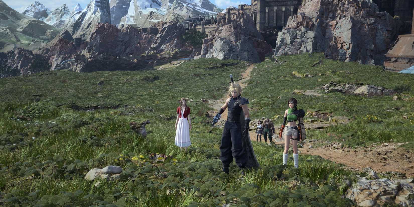 FINAL FANTASY VII REBIRTH Group Shot With Aerith And Yuffie In Lead